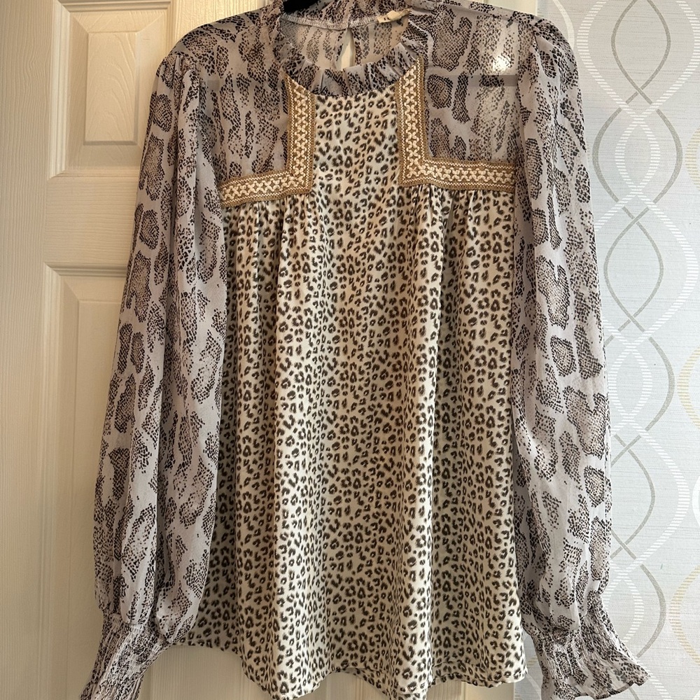 JODIFL Animal Print Blouse with Sheer Sleeves